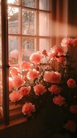 Coral peonies blooming by window at sunset, soft natural lighting creates romantic atmosphere with warm peachy tones and dramatic shadows on windowsill.