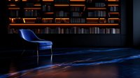Modern blue velvet armchair in dark library interior with glowing bookshelves and mysterious light trails on floor creating supernatural atmosphere.