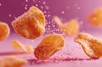 Orange gummy candy pieces floating with sugar crystals on pink gradient background. Sweet confectionery treats in motion for food advertising and packaging.