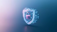 Digital shield with padlock floating in blue space, surrounded by polygonal mesh and glowing particles, representing cybersecurity and data protection concept.