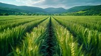Vibrant green wheat field rows stretching toward distant mountains under cloudy sky, agricultural landscape showing crop cultivation in rural countryside setting.