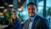 Young Hispanic businessman smiling confidently in modern office environment with bokeh lights and female colleague in background, professional corporate portrait.