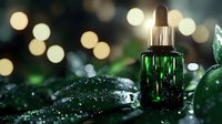 Green glass dropper bottle with essential oil on wet surface against blurred bokeh lights, fresh leaves and water drops create luxurious spa atmosphere.