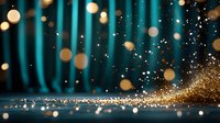 Magical golden glitter scattered on dark turquoise background with bokeh lights and sparkles creating dreamy atmospheric composition for festive designs.