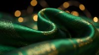Luxurious emerald green silk fabric with golden shimmer flowing elegantly against warm bokeh lights background for premium textile and fashion design projects.