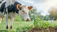 Young Holstein calf sniffing green sprouts in spring field with digital network overlay suggesting smart farming and agricultural technology innovation.