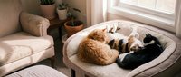 Orange tabby and black cats sleeping peacefully together on cozy beige armchair by sunny window in warm living room with houseplants.