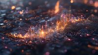 Glowing digital city skyline with illuminated buildings and data streams, futuristic network visualization with bokeh light effects in orange and purple tones.