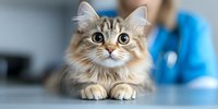 Adorable long-haired tabby cat with big blue eyes lying down and looking up attentively, paws crossed neatly in front on light surface against blurred background.