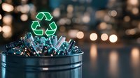 Green recycling symbol floating above electronic waste components in black container against blurred bokeh background. Environmental concept for e-waste management.