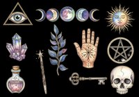 Mystical occult symbols collection isolated on transparent background, featuring moon phases, celestial eye, crystals, palmistry hand, pentagram, skull, potion bottle, and ornamental key. Ready for t-shirt design, stickers, clipart, and print-on-demand projects.