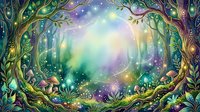 Enchanted forest clearing with glowing magical light, mystical woodland scene with luminous trees and ethereal atmosphere for fantasy, gaming, and creative design projects.