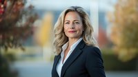 Confident mature businesswoman with blonde wavy hair wearing black suit jacket and white shirt, smiling outdoors against blurred autumn cityscape background.