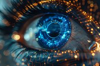 Futuristic close-up of human eye with digital technology elements, glowing blue cybernetic iris and golden light effects perfect for AI, biometric security and innovation concepts.