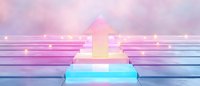 Glowing arrow on colorful steps with pink and blue gradient background, symbolizing growth, progress, and success for business presentations.