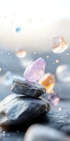 Magical composition with levitating rose quartz and citrine crystals above balanced dark stones, ethereal bokeh lights creating mystical atmosphere for wellness designs.