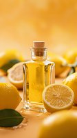 Glass bottle with yellow citrus oil surrounded by fresh cut lemons and green leaves on orange background, natural light creates warm atmosphere.