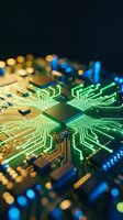 Microchip circuit board with glowing green and gold pathways, central processor core, and blurred blue bokeh lights on dark background for technology and computing concepts.