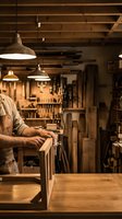 Skilled craftsman working with wood in traditional workshop with hanging pendant lights and organized tools creating handmade furniture pieces.