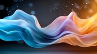 Flowing abstract waves in blue, pink and orange colors against dark background with glowing particles create dynamic motion effect for modern design projects.