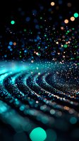 Magical turquoise bokeh lights creating waves of glowing particles against dark background, with floating green and orange orbs in dreamy cosmic atmosphere.