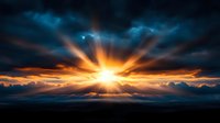 Dramatic sunset with golden sunburst breaking through dark storm clouds, creating vibrant orange rays against moody blue sky. Atmospheric landscape for backgrounds.