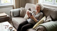 Senior woman with curly gray hair relaxing on couch using tablet device at home. Mature female enjoying digital technology in comfortable living room setting.