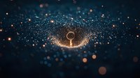Glowing key silhouette surrounded by magical sparkles and bokeh lights on dark background creates mysterious atmosphere for fantasy or security concepts.