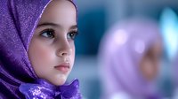 Young woman wearing purple hijab looking thoughtfully to side against blurred background, soft lighting highlights natural beauty and cultural expression.