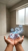 Open hands displaying holographic educational icons with digital effects in modern interior space for learning technology concepts.