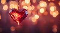 Red crystal heart pendant against blurred golden bokeh lights creating romantic atmosphere. Decorative gem catches light, symbolizing love and celebration.