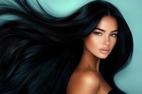 Young woman with flowing black hair against turquoise background, natural makeup, glowing skin and full lips showcasing beauty and haircare concept for advertising.