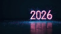 Glowing neon pink 2026 numbers with light effects on dark background, reflecting on water surface for New Year celebration.