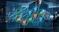 Professional businessman interacting with futuristic holographic interface displaying hexagonal data analytics icons and charts in modern office environment.