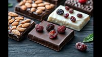 Dark and white chocolate bars topped with dried cranberries, almonds, and pecans on rustic wooden surface. Close up view of artisanal confectionery.