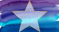 Golden star on vibrant watercolor background with purple blue turquoise gradient. Abstract artistic design for awards ceremonies decorations celebrations.