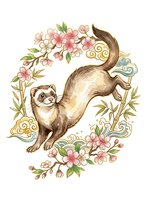 Playful ferret surrounded by pink blossoms, ornamental clouds, and golden foliage on isolated white background. Suitable for apparel, stickers, and design projects.