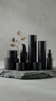 Luxury black cosmetic containers and skincare packaging collection arranged on stone surface with dried botanical elements for premium beauty branding.