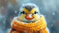 Adorable duckling wearing orange knitted scarf in winter snow, close-up portrait with detailed feathers and expressive eyes, digital art illustration for children's books.