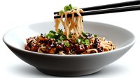 Asian noodles in white ceramic bowl with teriyaki sauce, sesame seeds and chopped green onions. Black chopsticks lifting steaming noodles, dramatic lighting on white.