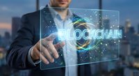 Professional businessman touching holographic blockchain interface with glowing digital network connections and futuristic technology display in modern office.