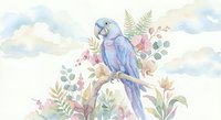 Watercolor blue parrot with tropical flowers and leaves on cloudy sky background for nursery decor and botanical art projects.