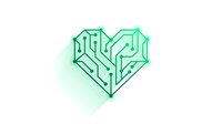 Green circuit board heart shape with electronic pathways and connections on white background for technology love concepts and digital romance designs.