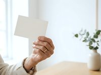 Senior man holding blank beige card in hand at wooden desk with eucalyptus plant, isolated on white background for mockup and design projects.