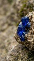 Blue mineral crystals embedded in natural rock formation with blurred outdoor background for geology and earth science educational materials.