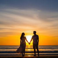 Romantic couple holding hands on beach at sunset with golden sky and ocean waves creating silhouette against dramatic colorful horizon for love and relationship concepts.