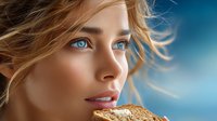 Young woman with bright blue eyes and blonde windswept hair against blue background, biting golden glitter, creative beauty portrait with artistic makeup and ethereal lighting effect.