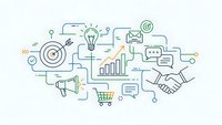Business strategy concept with icons showing lightbulb, target, handshake, charts and communication elements on light background for marketing presentations.