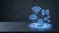 Futuristic holographic technology icons floating above glowing circular platform with wifi, cloud, network symbols in blue neon light for digital concepts.