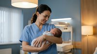 Young Caucasian female nurse in blue scrubs gently holds a sleeping newborn baby in a modern hospital maternity ward room.
